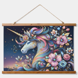 Tapiz Con Marco De Madera Fantasía Nocturna de Unicornio Floral