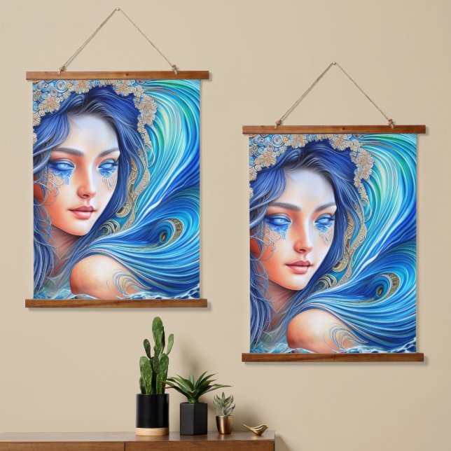 Tapiz Con Marco De Madera Fantasy Blue Ocean Wave Goddess Abstract Art (Asimétrico)