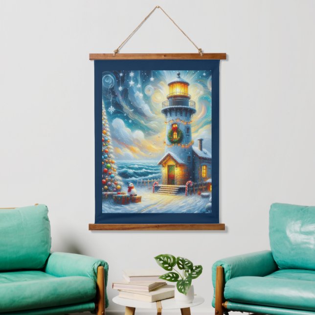 Tapiz Con Marco De Madera Faro de árbol de navidad azul costero náutico (Sala de estar)