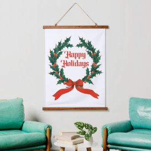 Tapiz Con Marco De Madera Felices vacaciones Vintage Holly Navidades Wreath