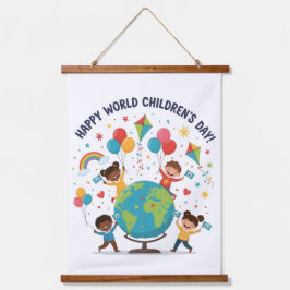 Tapiz Con Marco De Madera Feliz Día del Niño Mundial en pared con madera