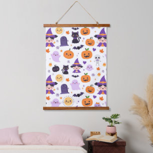 Tapiz Con Marco De Madera Feliz Halloween Brujas Fantasmas Gatos Murciélagos