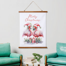 Tapiz Con Marco De Madera Feliz Navidad Flamingos rosas