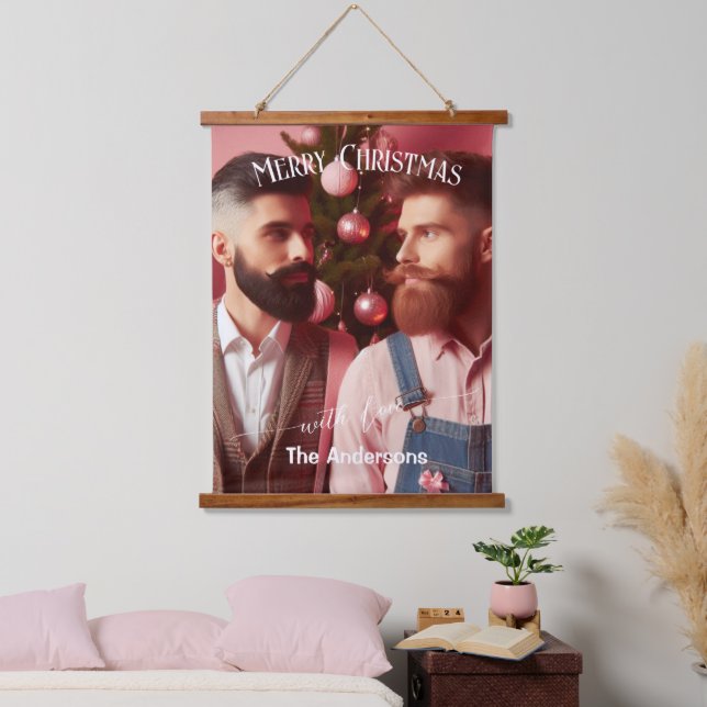 Tapiz Con Marco De Madera Feliz Navidad Gay Retro Rosa | Foto personalizada (Dormitorio)