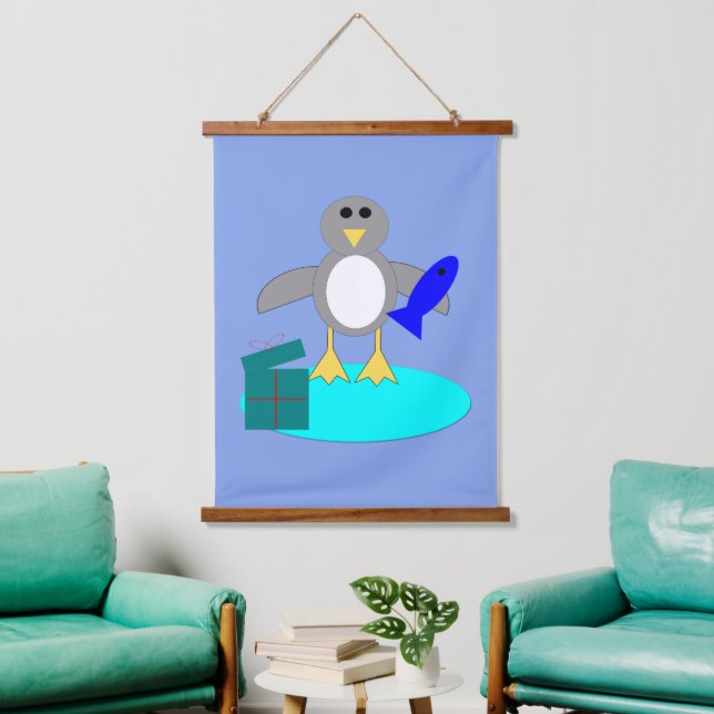 Tapiz Con Marco De Madera Feliz Navidad Pingüino (Sala de estar)