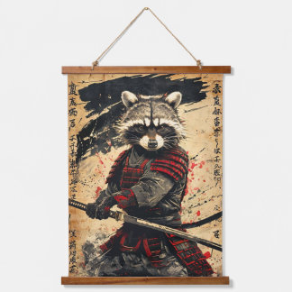 Tapiz Con Marco De Madera Feral Raccoon Samurai Warrior - Estilo de tinta ja