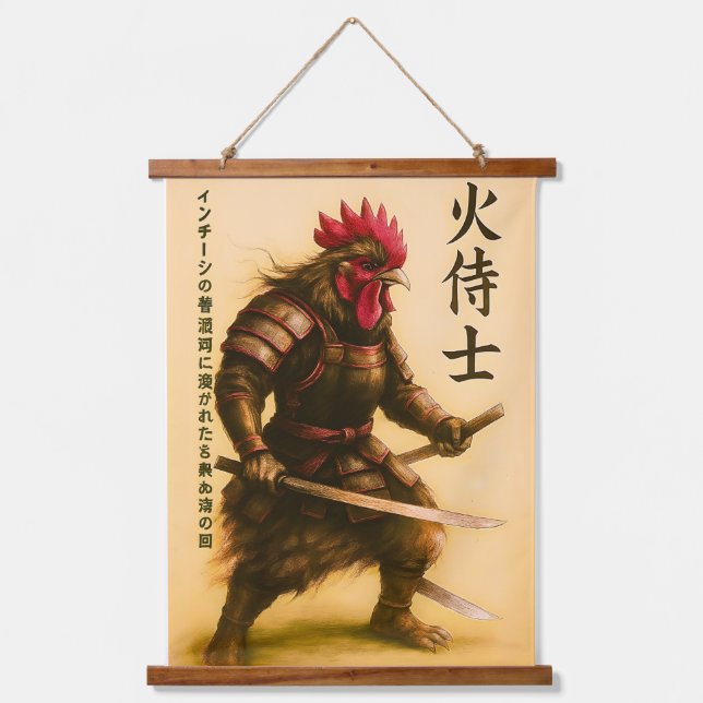 Tapiz Con Marco De Madera Fierce Rooster Samurai Warrior - Tinta japonesa (Anverso)