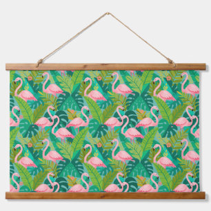 Tapiz Con Marco De Madera Flamencos rosados tropicales follaje de la selva