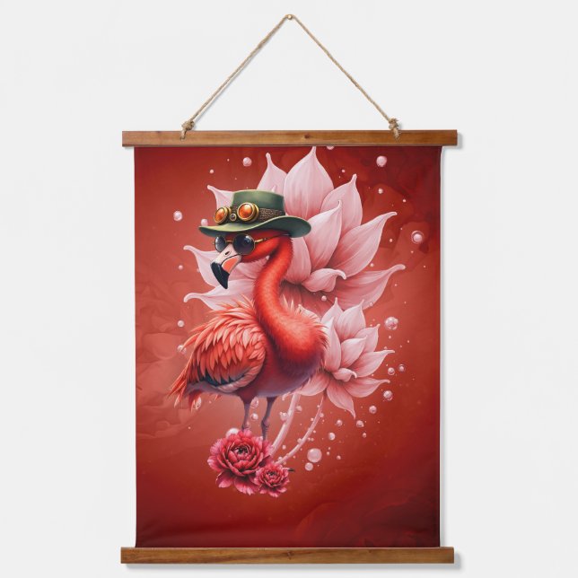Tapiz Con Marco De Madera Flamingo Steampunk - Arte digital fantástico (Anverso)