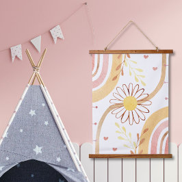 Tapiz Con Marco De Madera Flor abstracta botánica en acuarela y arcoíris