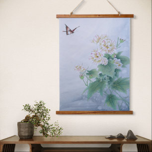 Tapiz Con Marco De Madera Flor china con mariposa