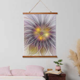 Tapiz Con Marco De Madera Flor Colorida Luminosa, Fractal Moderno Abstracto