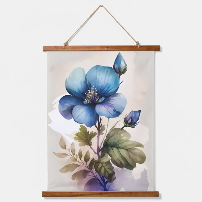 Tapiz Con Marco De Madera Flor de Campana Azul Acuarela  (Anverso)