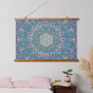 Tapiz Con Marco De Madera Flor De Vida - Mandala Estilo India 1