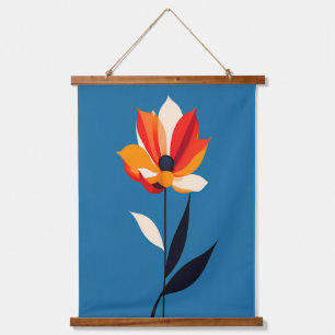 Tapiz Con Marco De Madera Flor Minimalista vibrante sobre el arte azul