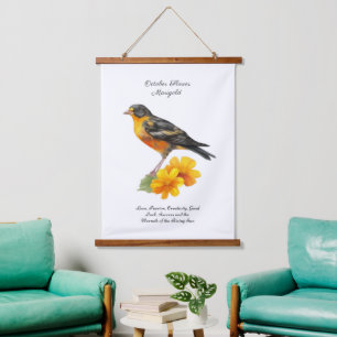 Tapiz Con Marco De Madera Flor y nacimiento de pájaros de Marigold de octubr
