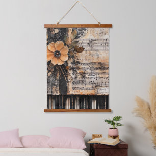 Tapiz Con Marco De Madera Floral con claves de piano rústicas y hoja de músi