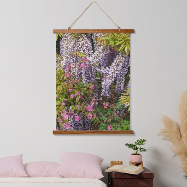 Tapiz Con Marco De Madera Floral de Columbina rosa y Wisteria púrpura (Dormitorio)