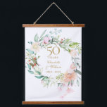 Tapiz Con Marco De Madera Floral de Rosas en el 50° Aniversario del Boda de<br><div class="desc">Con una delicada acuarela floral,  esta moda botánica de 50 años de boda puede ser personalizada con sus detalles especiales de aniversario de oro en una tipografía elegante. Diseñado por Thisisnotme©</div>
