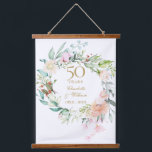 Tapiz Con Marco De Madera Floral de Rosas en el 50° Aniversario del Boda de<br><div class="desc">Con una delicada acuarela floral,  esta moda botánica de 50 años de boda puede ser personalizada con sus detalles especiales de aniversario de oro en una tipografía elegante. Diseñado por Thisisnotme©</div>