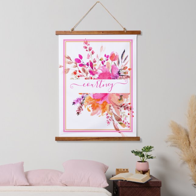 Tapiz Con Marco De Madera Floral rosa brillante personalizada (Dormitorio)