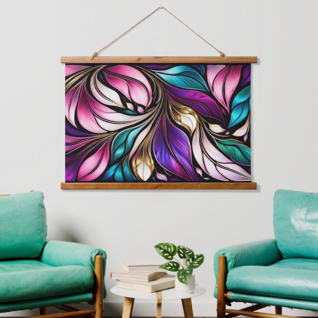 Tapiz Con Marco De Madera Floral rosa y hojas Aspecto de vidrio manchado (Sala de estar)