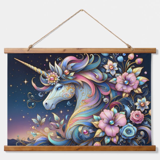 Tapiz Con Marco De Madera Floral Unicorn Night Fantasy (Anverso )