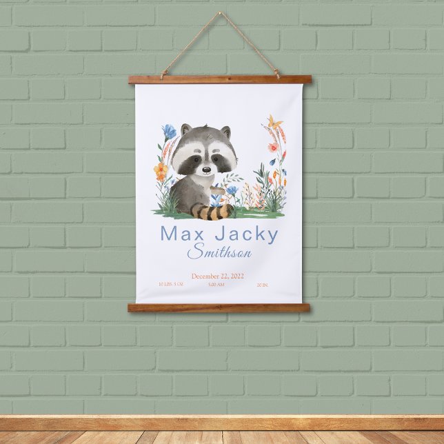 Tapiz Con Marco De Madera Flores animales en el zoológico Safari Jungle Wate (Safari Jungle Zoo Animal Woodland Raccoon Blue Orange Flowers Personalized Birthday Poster)
