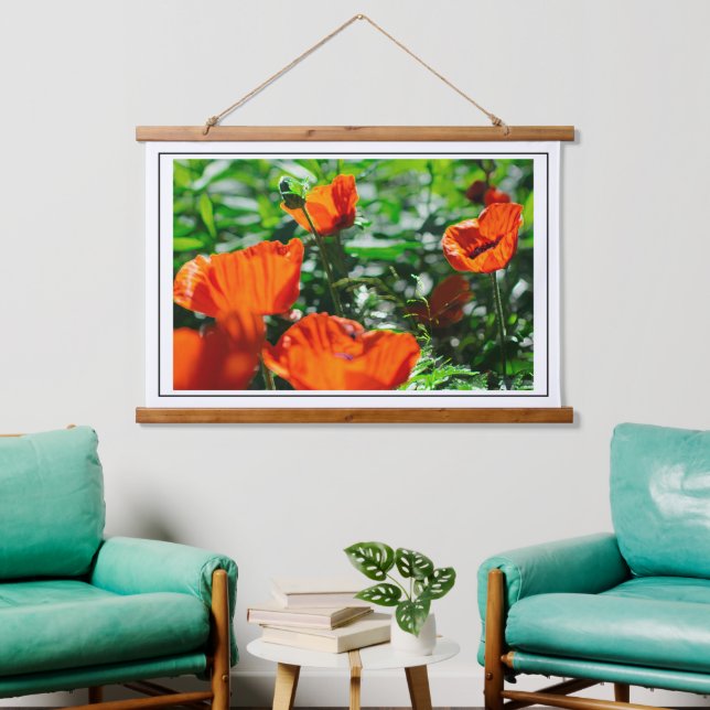Tapiz Con Marco De Madera Flores de adormidera de Naranja rojo estilizado (Sala de estar)