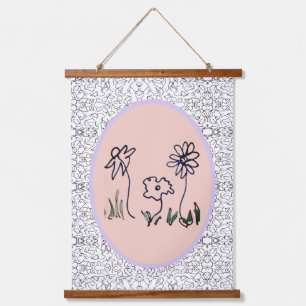 Tapiz Con Marco De Madera Flores de Arte de Línea Minimalista - Tapiz Colgan