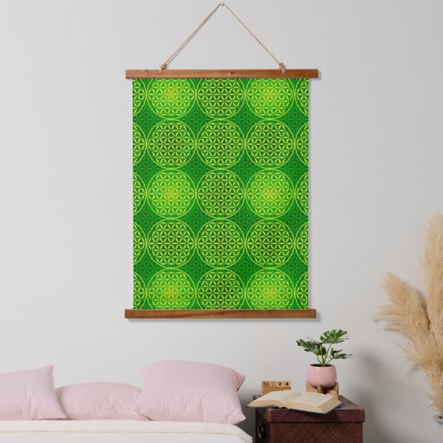 Tapiz Con Marco De Madera FLORES DE LA VIDA - patrón de mezcla verde (Dormitorio)