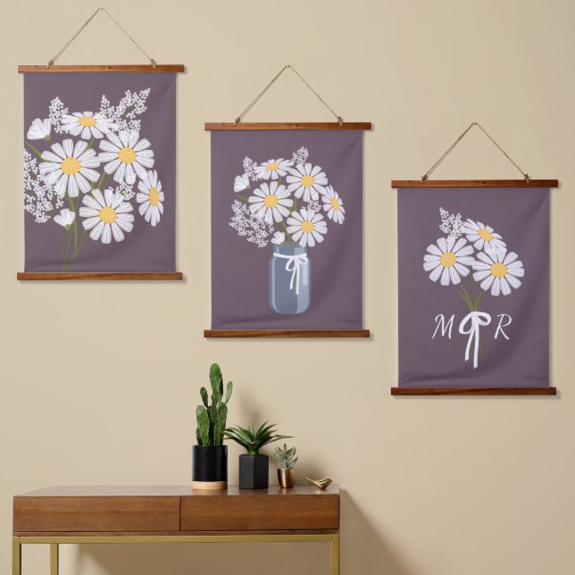 Tapiz Con Marco De Madera Flores de margarita blanca Bouquet conjunto morado (Asimétrico)
