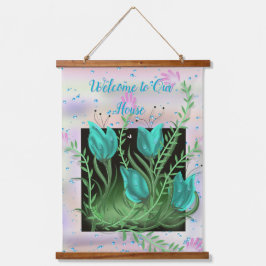 Tapiz Con Marco De Madera Flores en la pared, tapicería Verde azulada en las