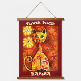 Tapiz Con Marco De Madera Flower Power Retro Whimsical Cat Personalized