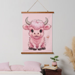 Tapiz Con Marco De Madera Fluffy Pink Highlands Scottish Cow