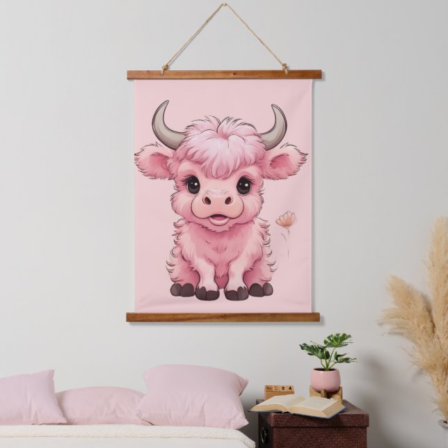 Tapiz Con Marco De Madera Fluffy Pink Highlands Scottish Cow (Dormitorio)