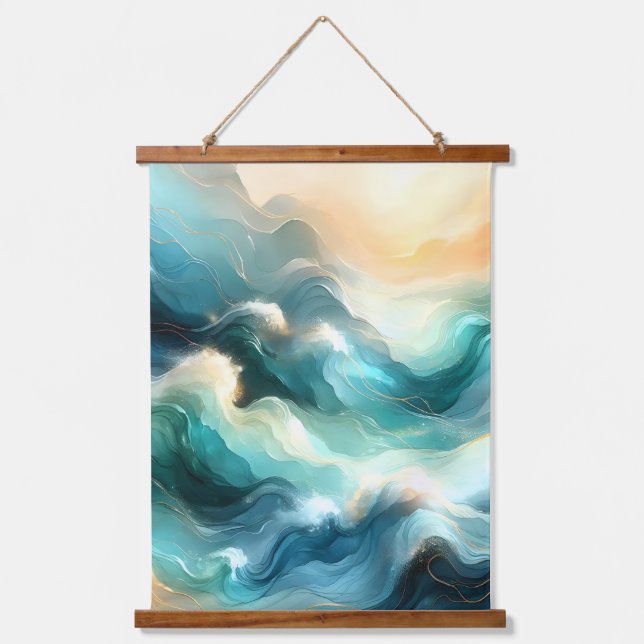 Tapiz Con Marco De Madera Flujo Áureo de Olas Abstractas (Anverso)