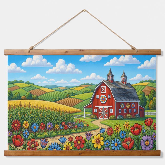 Tapiz Con Marco De Madera  Folk Art Farm Landscape Tapestry – Barn,  (Anverso )