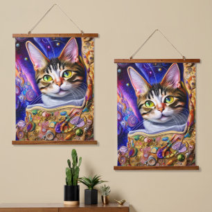 Tapiz Con Marco De Madera Fondo de la Neón del Starry del gato lindo Diseñ