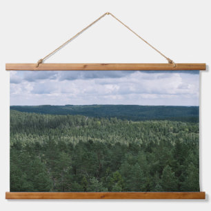 Tapiz Con Marco De Madera Foto de paisaje de bosque y nubes sobre los árbole