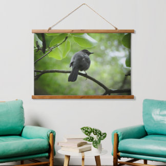 Tapiz Con Marco De Madera Foto De Pájaro De Gato En Tapiz De Muro De Madera
