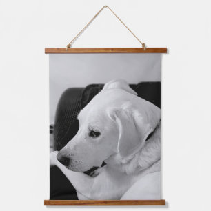 Tapiz Con Marco De Madera Foto en blanco y negro de un bello perro blanco