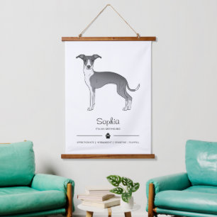 Tapiz Con Marco De Madera Galgo Italiano Azul y Blanco con Texto Personaliza