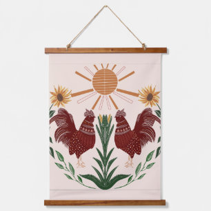 Tapiz Con Marco De Madera Gallos De Arte Folclórico Y Sunflower