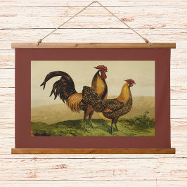 Tapiz Con Marco De Madera Gallos y gallinas de Hamburgo con plumaje dorado e