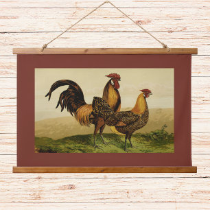 Tapiz Con Marco De Madera Gallos y gallinas de Hamburgo con plumaje dorado e