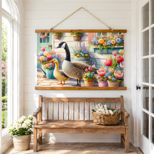 Tapiz Con Marco De Madera Gansos de Jardín de Campo Ilustración de Primavera