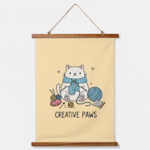 Tapiz Con Marco De Madera Gato Adorable Tejiendo Bufanda Azul Decoración Ama