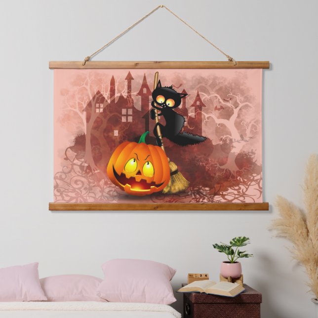 Tapiz Con Marco De Madera Gato asustado por un personaje de Halloween divert (Dormitorio)