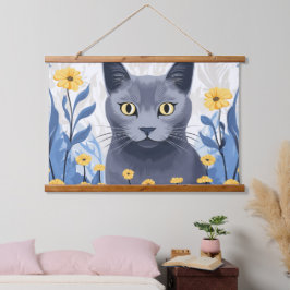 Tapiz Con Marco De Madera Gato Azul Ruso Flores Amarillas